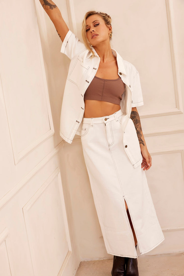 Future Face Denim Midi Skirt - White