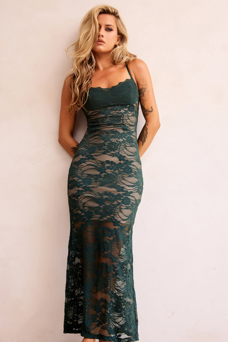 Feel It Still Lace Midi Dress - Forest Green